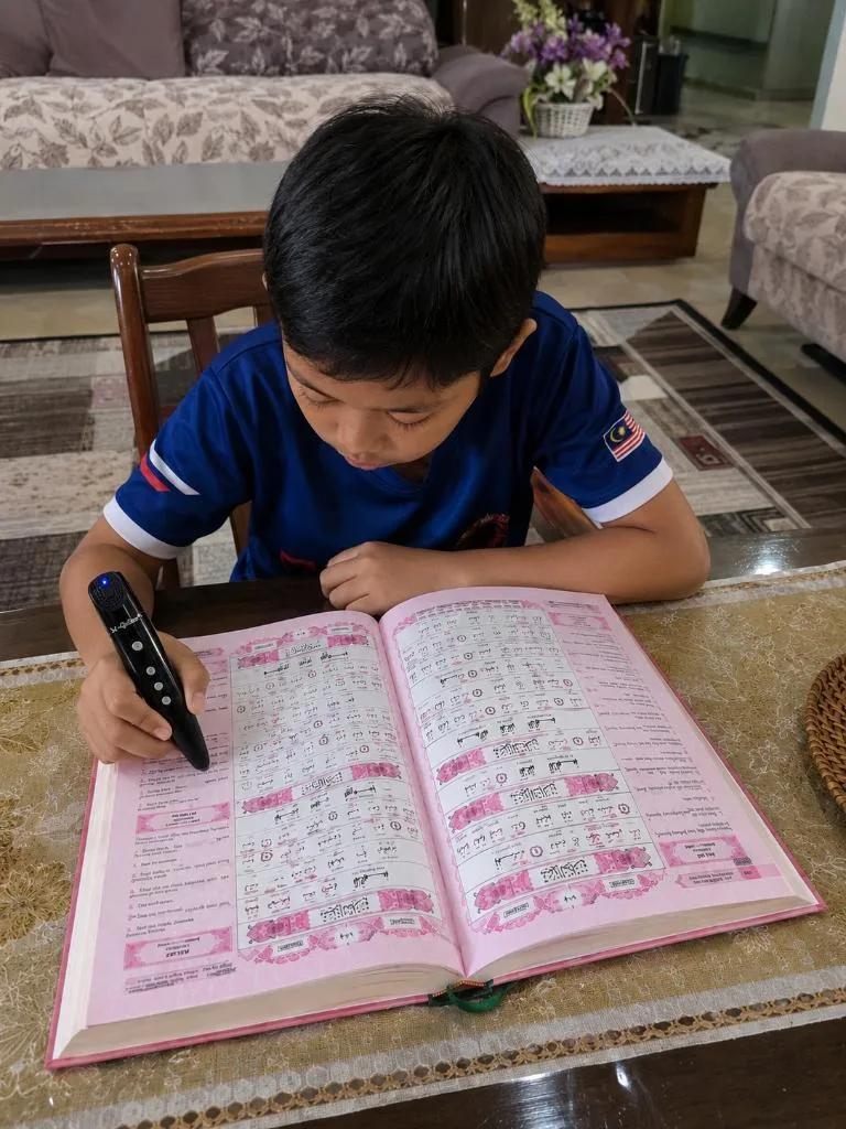Gambar snap fon pelanggan: Anak pakai baju biru guna pen Al-Qolam mengaji di meja